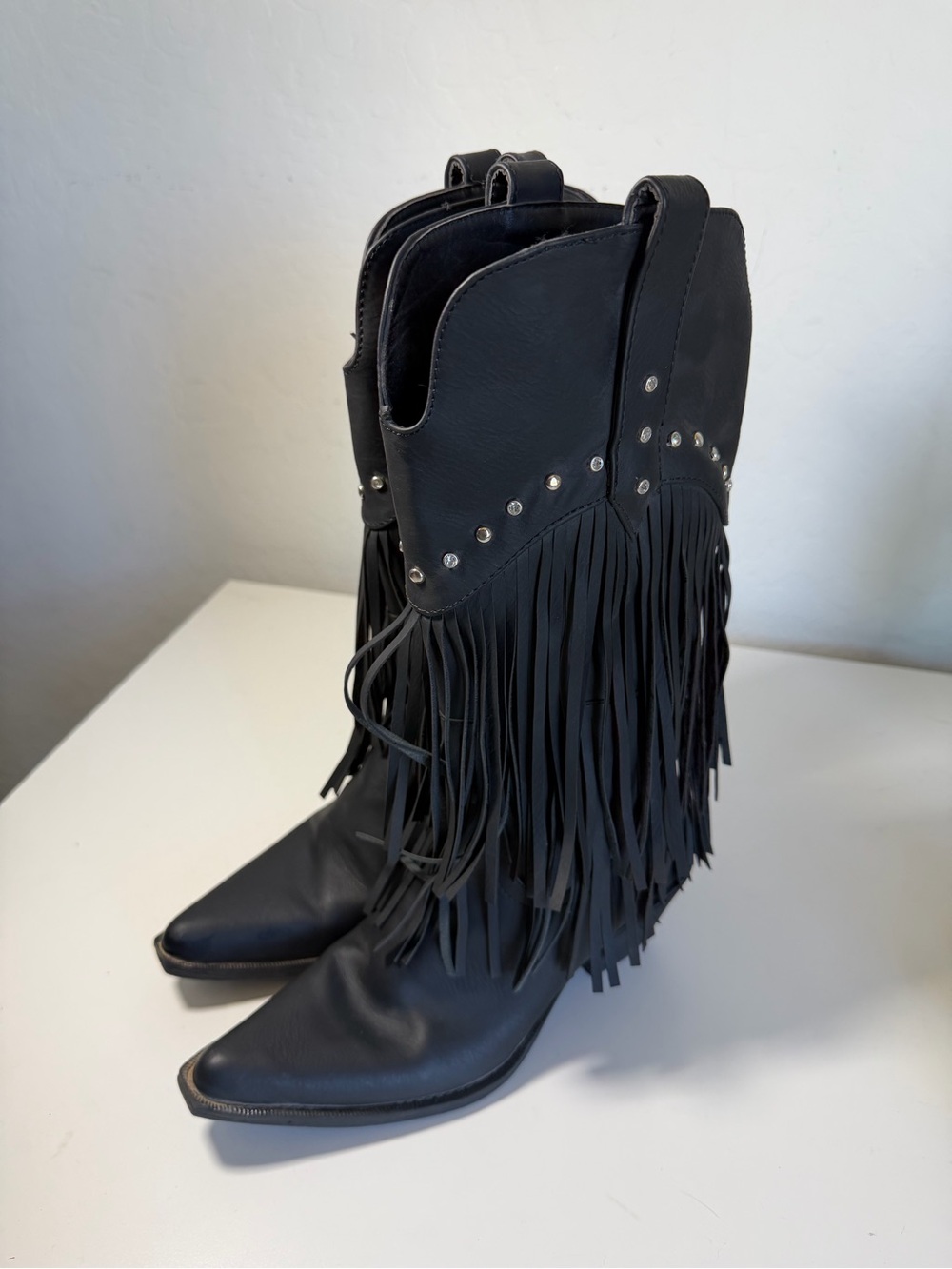 Roper Black Leather Fringe Studded Western Boots Pointed Toe 6.5 - Picture 3 of 5